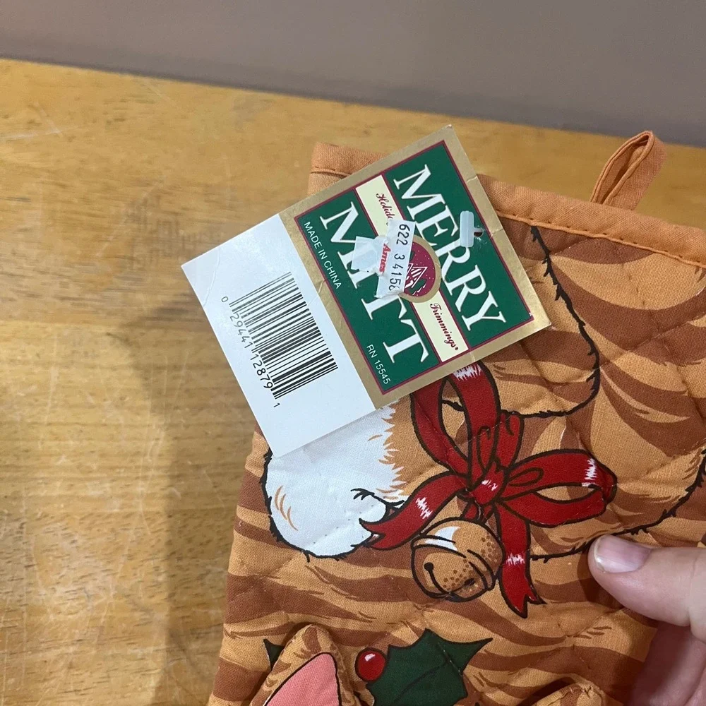 Vtg Merry Mint Christmas Orange Tabby Cat Oven Mitt Holiday Trimmings NWT Kitsch